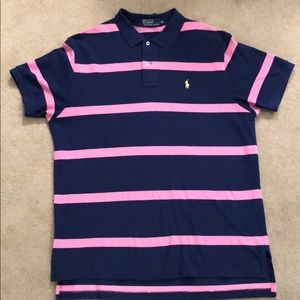 Ralph Lauren polo shirt. Navy with pink stripes.